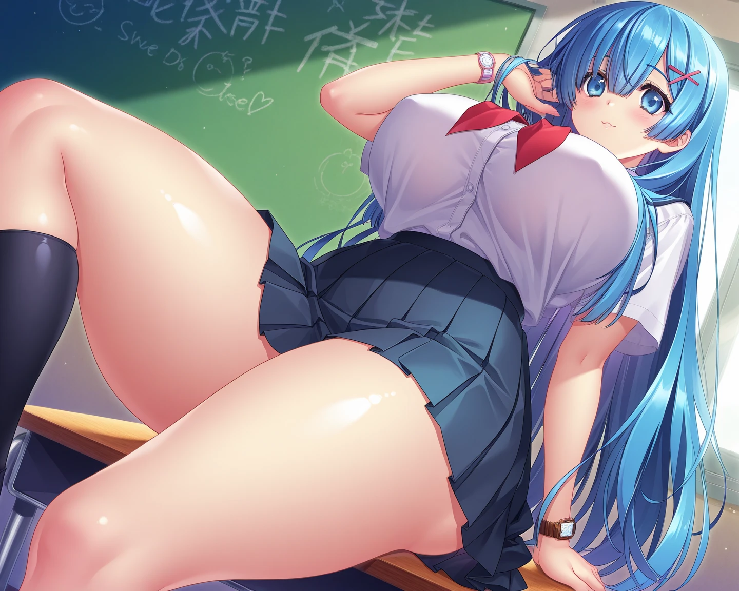 aqua \(konosuba\), long hair, hair ornament, very long hair, hair rings, hair bobbles, single hair ring, blue hair, blue eyes,garter straps, earrings, 1girl, jewelry, thighhighs, gloves, breasts, solo, skirt, white gloves, gñdesk, glasses, bra, garter belt, cleavage, white legwear, suit, looking at viewer, chalkboard, pencil skirt, miniskirt, parted lips, lying on the desk,  underwear, indoors, large breasts, formal, sitting, jacket, breasts, nipples, 1girl, long hair, earrings, open mouth, pussy, vaginal, sex, jewelry, hetero, spread legs, 1boys, penes, large breast,