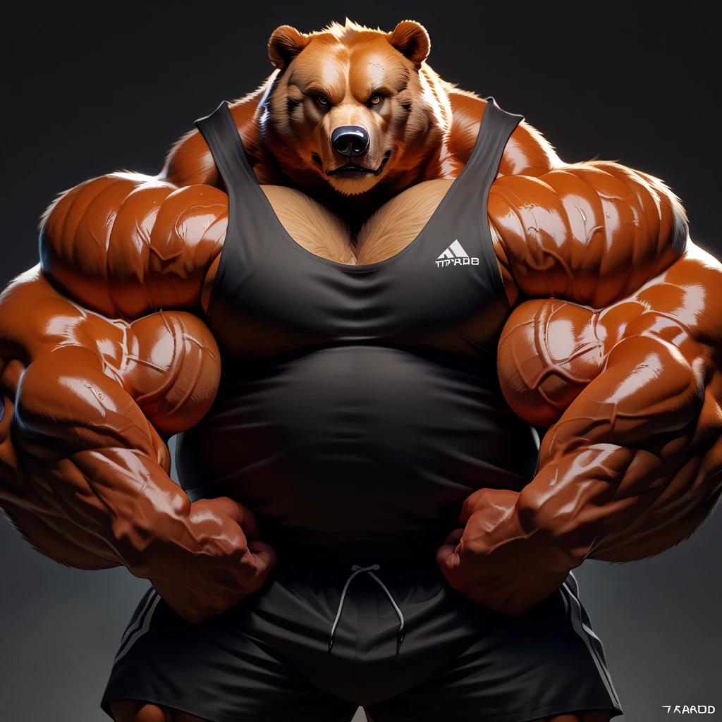 Monstrously massive muscle anthro furry bear in a red shirt and a red shirt on is holding 1000-pound barbell with one hand, furry art, muscle flex