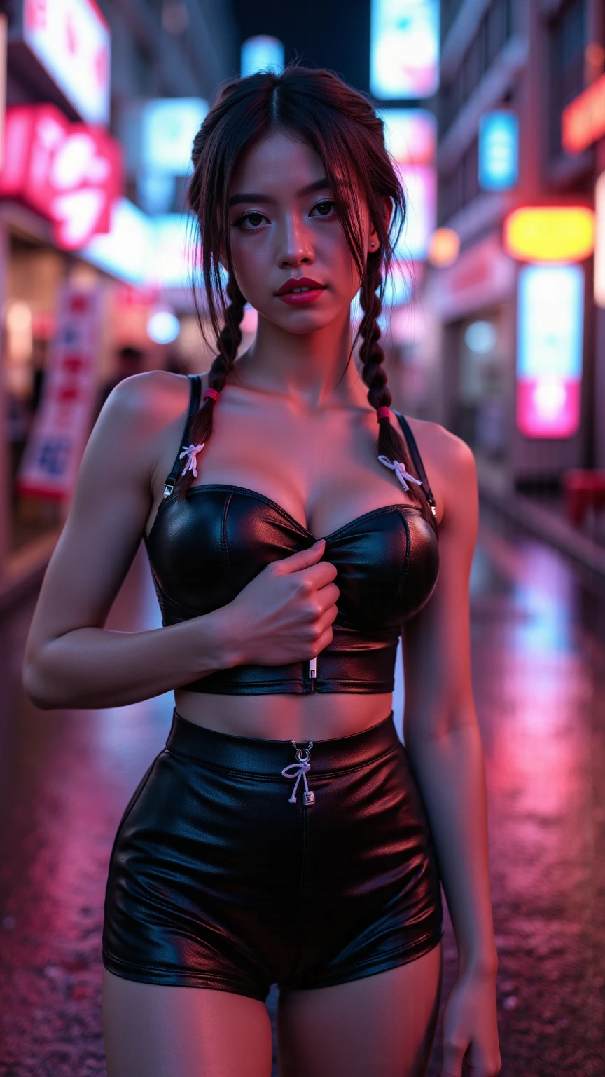 (masterpiece, photorealistic:1.4, extremely intricate:1.3), (photon mapping, radiosity, physically based rendering, ultra resolution, hyper-realistic, 8K), ((mature female, [bodybuilder:supermodel:0.8], ((([large breasts:medium breasts:0.3], snakeskin leather vest, chrome rivets, ((looking away), topless)), ruby necklace, serious, sad, 30 years old, elegant:1.2)), long eyelashes, ((makeup:1.2, red lips)), [skin detail:freckles:0.8]), ((background futuristic neon cyberpunk city street)) professional photograph, (((straight long hair [black hair:bright orange hair:0.6])))), BREAK ((sharp focus, dramatic, award winning, cinematic), bokeh, blurry background, interaction, metal reflections), bright eyes