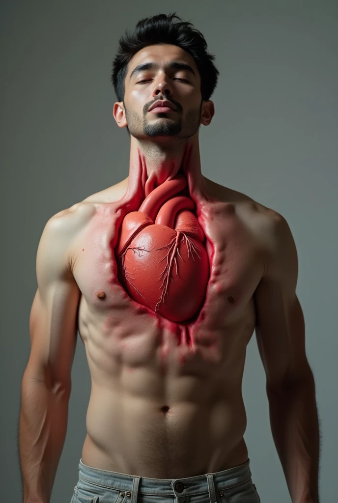 A drawing of a human with a realistic heart on his chest and a crown on the man's head.