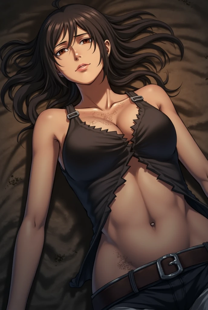 A mature woman lying on the bed, Has black wavy hair, Wearing suspenders, Full figure, Exquisite facial features, Touching her own body,Lifelike image quality, A European woman, Age about 30 years, Surrealism