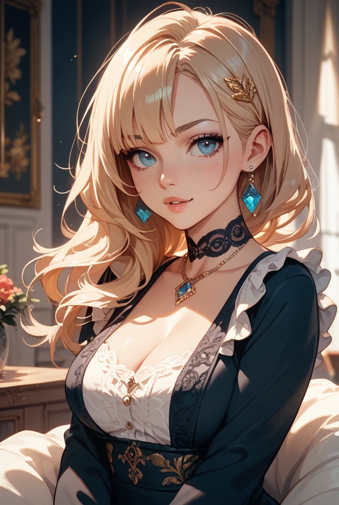 masterpiece、Highest quality、High resolution、High-quality images、8k, 1 female、Skin Radiance、Texture of skin and clothing、Expression of fine eyes、realism, detailed manga style, Manga art style, Perfect line drawing, Beautiful line art, digital manga art girl, Fuller lips, Gorgeous face with attention to detail, (smile), charm, Innocent, Side view, (Perfectly detailed face), (Beautiful Hands) Photorealistic images, Written boundary depth,evening、Adult female、Long Hair、Wavy Hair、Blonde、Bright Blue Eyes、Curly Hair、Big Breasts、Circlet、Black clothes