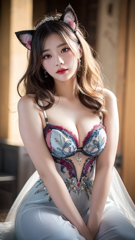 masutepiece, Best Quality, Illustration, Ultra-detailed, finely detail, hight resolution, 8K Wallpaper, Perfect dynamic composition, Beautiful detailed eyes, nsfw, Random sexy poses, Full body, light brown hair, wavy hair, (((Extra Long Hair))), (((Ample breasts))), real looking skin, Natural Color Lip, The best smile, 20 year old, fashion modell, Beautiful girl, (ice blue Lace Bra), (ice blue lace panties), (((See-through princess dress that shows through underwear))), ((very large hair ribbon.)), diamond earrings in the ear, jewelry diamond necklace sparkles on the chest, jewelry bracelet, (walk the runway like a model)