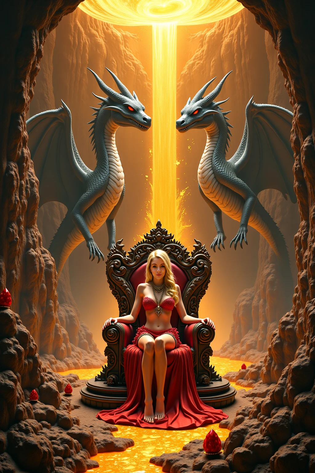 A woman in a red coat sitting on a chair with a dragon, popular on ArtStation Pixiv, detailed anime artwork, detailed digital anime art, complex gorgeous anime CGI style, guvez on pixiv art station, guvez on pixiv, anime fantasy illustration, detailed anime art, clean detailed anime art, detailed key anime art, red lip micro-open, nude