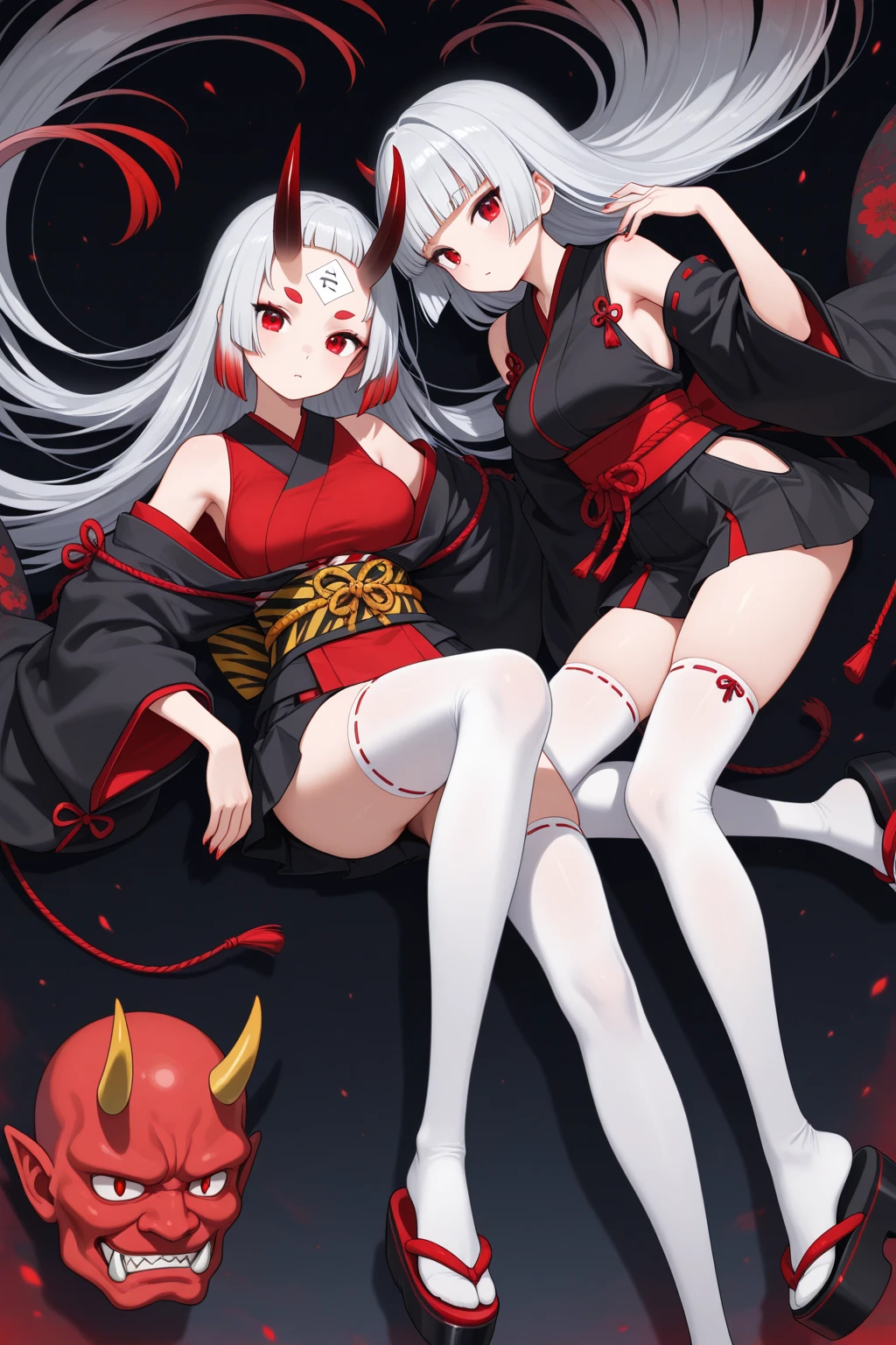 Highest quality　I have long hair　Gray Hair　Konpaku Youmu　Red eyes　I don't have anything　vampire　Odd Eye　kind　Miko costume　Cat ear　Embarrassed　Background Black