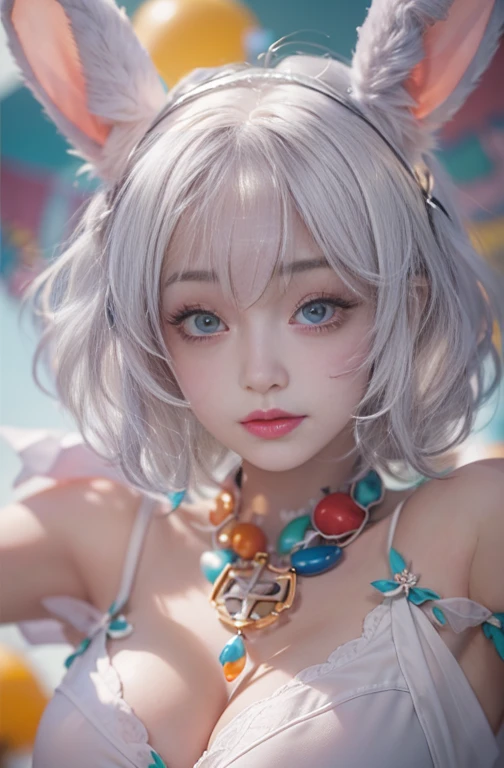 28 years old, Close-up portrait of a woman in a colorful clown costume、Shoulders out、thin、Serious expression、Short-haired、Deadly position, Gorgeous Necklace, Light milky porcelain skin, Smooth, Translucent white skin, Enchanting anime girl, Beautiful and seductive anime woman, Ultra realistic sweet bunny girl, Pale porcelain white skin, Smooth, Realistic and perfect body, Anime Girl Cosplay, Perfect body with realistic shadows, Switzerland'masterpiece