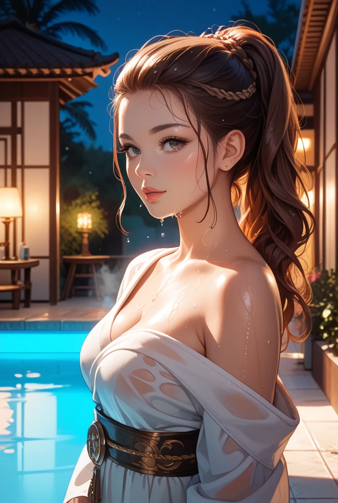 (8K), (Best Quality: 1.2), (Realistic), (Photorealistic: 1.37), Ultra High Definition, 1 Girl, Closed Mouth, Beautiful Details, Beautiful Nose in Detail, Best Image Quality, Outstanding Detail, Ultra High Resolution, Prefer Detail, Highly Condensed 1girl, Delicate and Beautiful Face, Long Hair, Tousled Hair, Japan Hot Spring, Take out of the water, Wrap your whole body tightly with a bath towel, big, blush, cleavage
