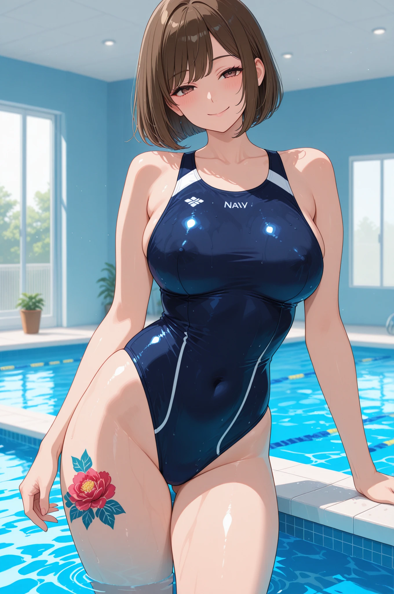 (Masterpiece), 8k wallpaper, solo, realistic art,Watanabe you, standing, facing viewer,school hallway, sideboob,one-piece swimsuit,low cut at hips, blue eyes, beautiful detailed face and eyes, half body inside pool , looking away,wet, (shiny water drops:1.2), smile , leaning forward , armpits, adjusting,wink