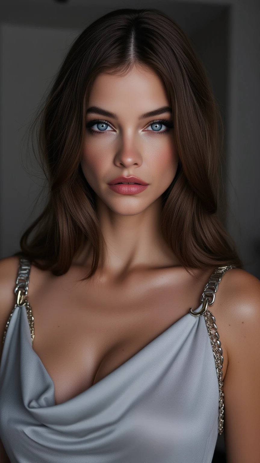 1girl, solo, female, Thoughtful facial expression, Dark Blue eyes, Upturned Eye Shape, Rectangle face, Long caramel brown and blonde balayage hairstyle, Dusty Rose lipstick, blush, medium round breasts, ample cleavage, Velvet Slip with Lace Trim, A lively, vintage carousel with ornately painted horses and twinkling lights bokeh beautiful, detailed, best quality, high resolution, masterpiece, 8k