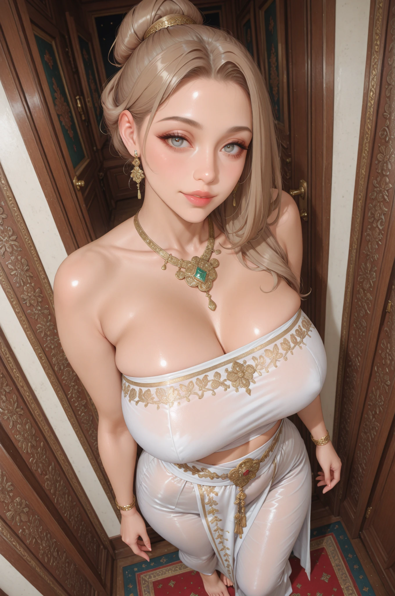 nsfw,(masterpiece:1.1),(best quality:1.1),(ultra-detailed:1.0),(super detailed skin:1.0),(an extremely delicate and beautiful:1.3),(beautiful detailed eyes:1.2),break,(a French girl,18yo:1.5),(slender:1.5),(medium breasts:1.5),(pubic hair:1.3),neutral color tiny areola,neutral color large erectile nipples,(perspired skin:1.3),smile,break,tiara,pierces,(many very huge statement necklaces with so many gemstones,many bracelets with so many gemstones,so many armlets:1.5),(jewelries on underboob:1.2),(jewelries on abdomen:1.3),(jewelries on under abdomen:1.1),(stage:1.5),(blurry background:1.3),glowing, bare crotch, round hips, shiny hips, (POV from below:1.6),