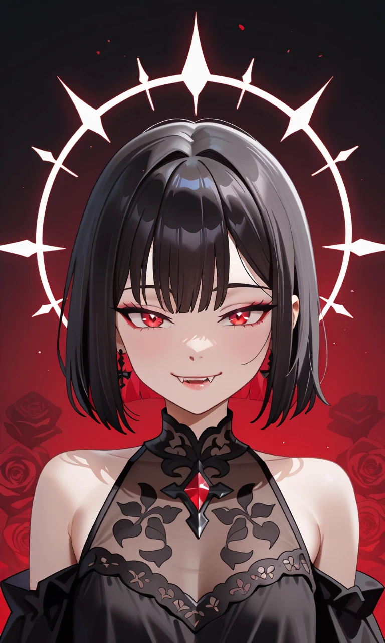 (extremely detailed CG unity 8k wallpaper),(masterpiece),(best quality),(ultra-detailed),(best illustration),(best shadow),(an extremely delicate and beautiful),dynamic angle,floating,finely detail,(bloom),(shine),glinting stars,classic,(painting),(sketch),a girl,solo,bare shoulders,(diamond and glaring eyes),beautiful detailed cold face,1girl,solo,horns,((yellow eyes)),red nails,((black hair)),multicolored hair,alternate costume,dress,((short hair)),eyes visible through hair,looking at viewer,black choker,nail polish,breasts,black dress,red horns,hair over one eye,off shoulder,hair between eyes,slit pupils,(((rose))),(vines),(blood),cage,bandage,(red rope),<lora:Ohisa_final-000004:1>,face_focus,eyes_focus,upper_body,bust,close-up,