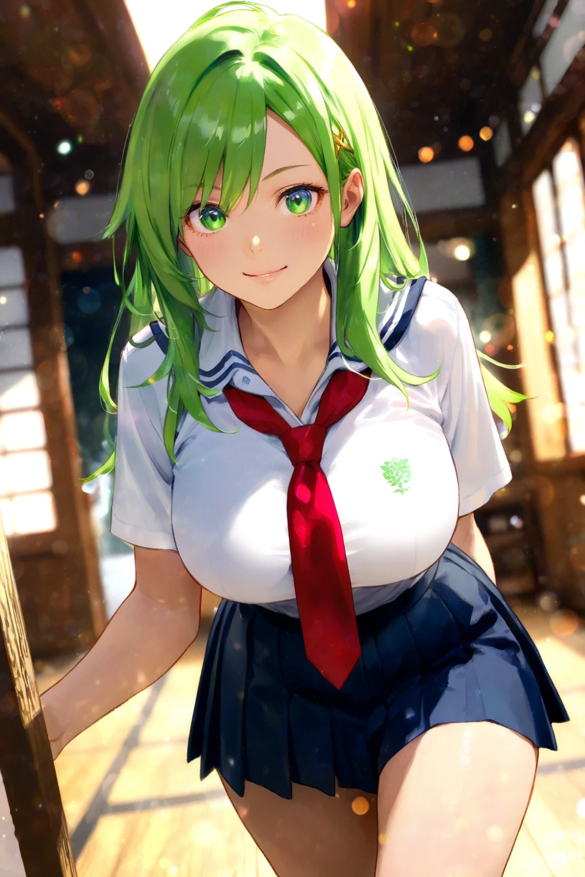 masterpiece, best quality, ultra-high-detailed, 1girl, nipple chain, Mion Sonozaki, green hair, green eyes, ponytail, white shirt, yellow vest, red skirt,