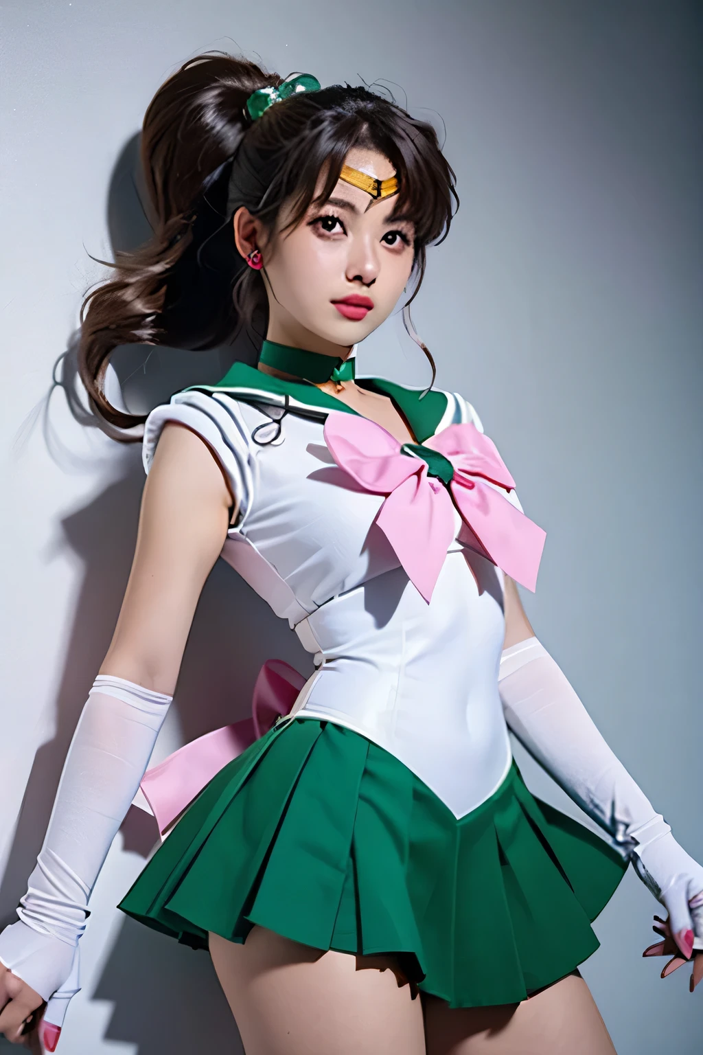 SMJupiter, SMJupiterOutfit, green sailor collar, green skirt, sailor senshi uniform, ponytail, looking at viewer, <lora:JupiterLORA:1>,  <lora:add_detail:0.5>