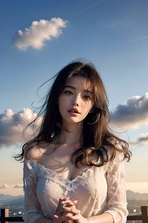 最佳质量，nmasterpiece，Super high resolution，（Realism：1.4），Blue sky and white clouds，A sea of green grass and flowers，Original photo，24-year-old sexy model，Nice face，Charming eyes，Slim figure，Long hair fluttering in the wind，Red gauze dress，Red transparent skirt，Messy tops，Slightly exposed chest，The shoulder straps slip off，Sexy legs，A skirt that flutters in the wind，Sit on the grass，Warm colors，Dark tones，A bottom-up perspective，incredibly detailed，Super detailed