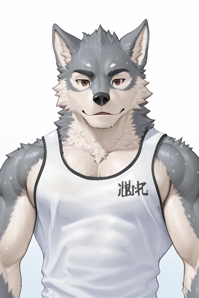 front view, white background, peace sign, Furry, wolf, male, cute, muscular, muscles, thick eyebrows, shirtless, necklace, wearing boxer briefs, look at viewer, blushing, shy, smiling, happy