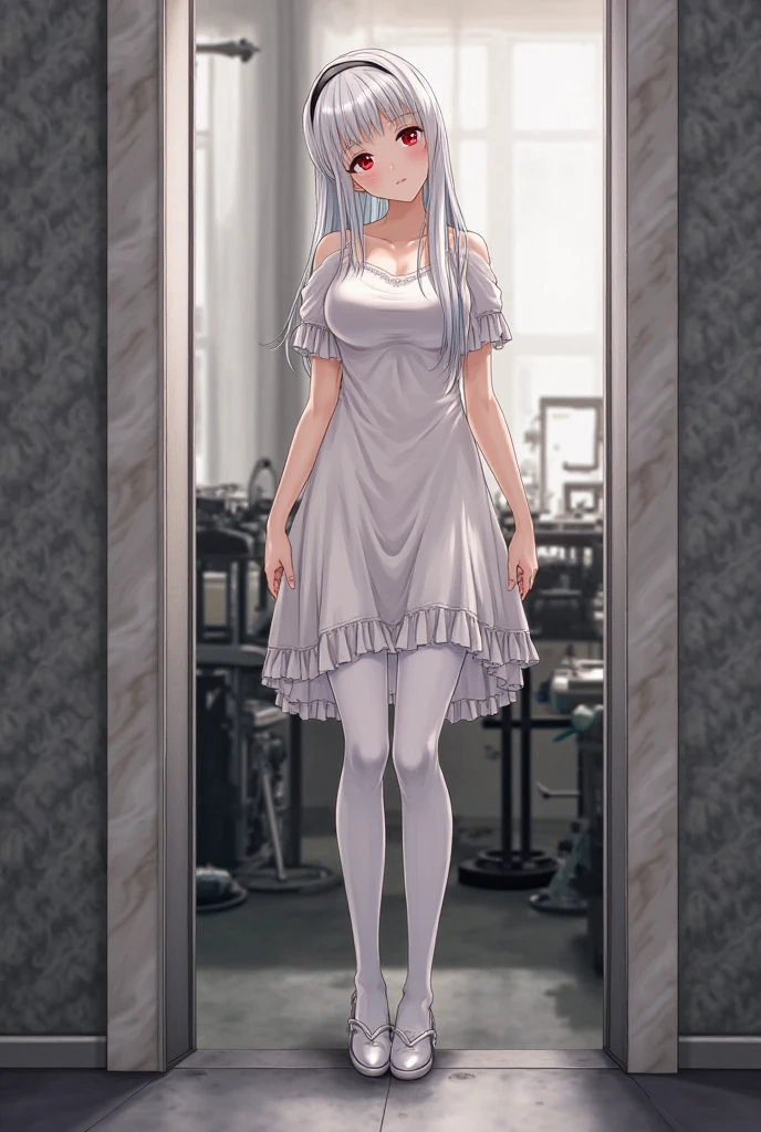 masterpiece, best quality, ultra-high-detailed, panties around ankles, panties pulled down, one pair of panties around ankles, 1girl, kazami kazuki, silver hair, long hair, purple eyes, sundress, standing,
