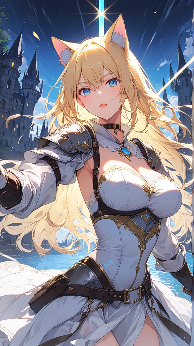 best quality,masterpiece,1girl,mature female,upper body,anime,knight,fashi-girl,large breasts,cleavage,blond hair,perfect face,perfect eyes,white armor,fantasy background,depth of field,flag in background,looking at viewer,motion blur,dynamic angle,