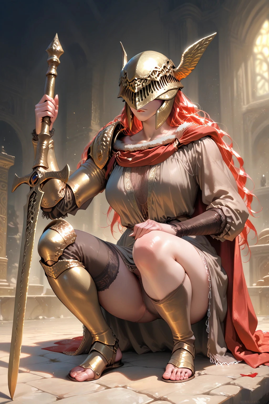 1 girl,female,female only,Helmet,light-skinned female,Lingerie,prosthetic,One,a sword (((squatting))) (((no bra, breasts exposed))) (((legs spread wide)))