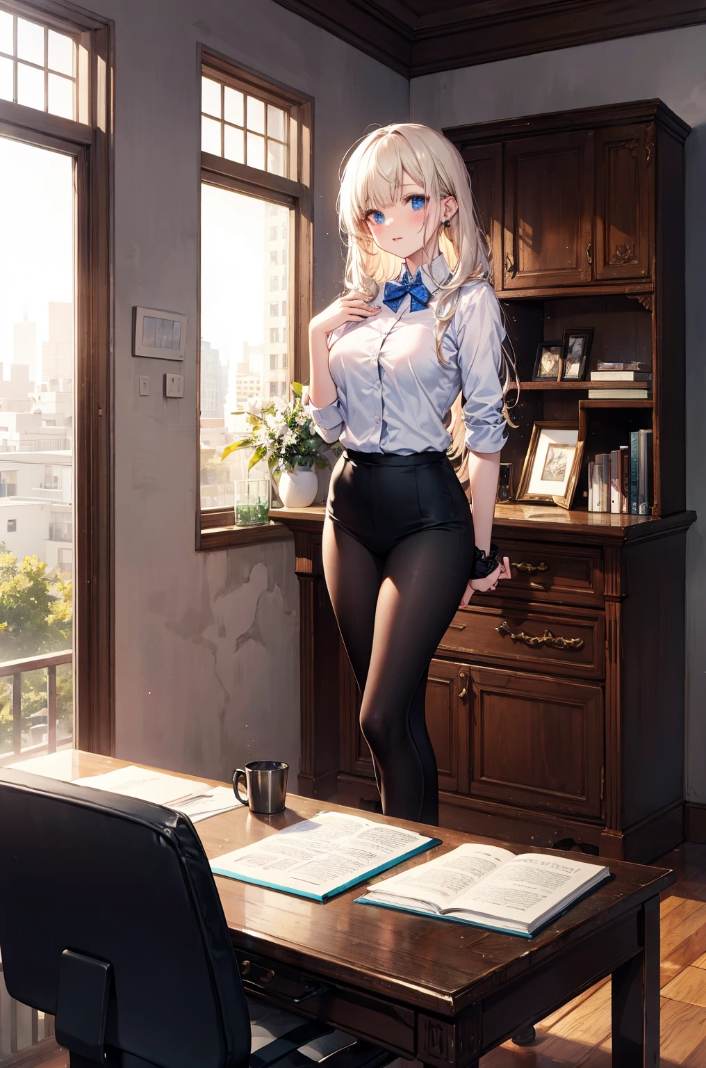 (((((middle age woman))))), masterpiece, ultra detailed, 8k portrait, RAW photo, portrait photography, highly detailed face, 1 woman, (((((sitting spread legs))))), 23 years old, (((((tall))))), (((small eyes))), glasses, (((black very short cut hair))), (((hair over one eyes))), (((white skin color))), (((((Office lady suits))))), (((((white dressedshirt))))), (((((knee length skirt))))), ((black pantyhose)), (((pumps))), Midday Sun, hyper realistic, Body model, (Small breast:1.5), Beautiful breasts, Long legs, in the office room, Ambient lighting, Shadow details , Camera focus on face, strong breeze, Light fog