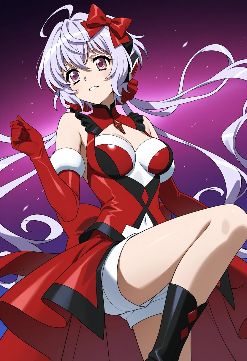 ((masterpiece)), ((Best quality)), (high resolution), (illustration), (an extremely delicate and beautiful), (ultra detailed beautiful face and eyes), nsfw,   1girl, leaning forward,  YukineChris, long hair, purple eyes, twintails, low twintails, ahoge, large breasts,  fishnet pantyhose, red a bow tie,  volumetric lightning, lady battle  armor、

detailed skin texture, detailed, volumetric shadow, anime screencap,Highest quality, Sorceress, ancient babylonian nobility, ((tan skin:1.2)), (brown skin color),Long hair, twin braids, hair ornament, wine colored hair, smile, Below average size breasts, bare shoulders, (underboob:0,Red leotard)Torn clothing、clothes get torn、Legs apart, facing forward, arms folded、Wide-open legs、Standing with your legs apart、Front 8K, masterpiece, Best_quality, high_resolution, ultra_details, detailed, 1girl, 独奏, looking_at_viewer, upper_body, indoors, braid, blurry, bangs, white_hair, blurry_background, collared_shirt, church, hair_ribbon, hair_between_eyes, sidelocks, depth_of_field, light_particles, they are,snow,temple knight、french_braid, Alphonse Mucha Style, sharp focus, perfect hands, perfect face, perfect eyes, perfect light, dynamic light, natural light, Masterpiece, Best quality, red dress、Yukine Chris、Symphogear