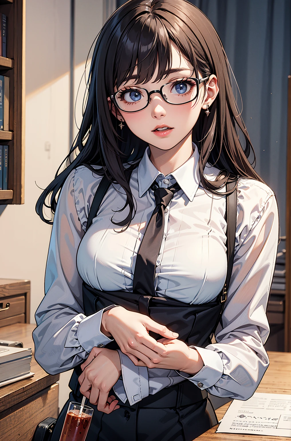 (masterpiece, best quality:1.2), detailed face, detailed eyes, elegant woman, long hair, high heeled,shiny skin,welcomes you at the door, Shirt, pants,random colar, ponitail hair,cool attitude,cool glasses,exciting,cool, perfect hand:1