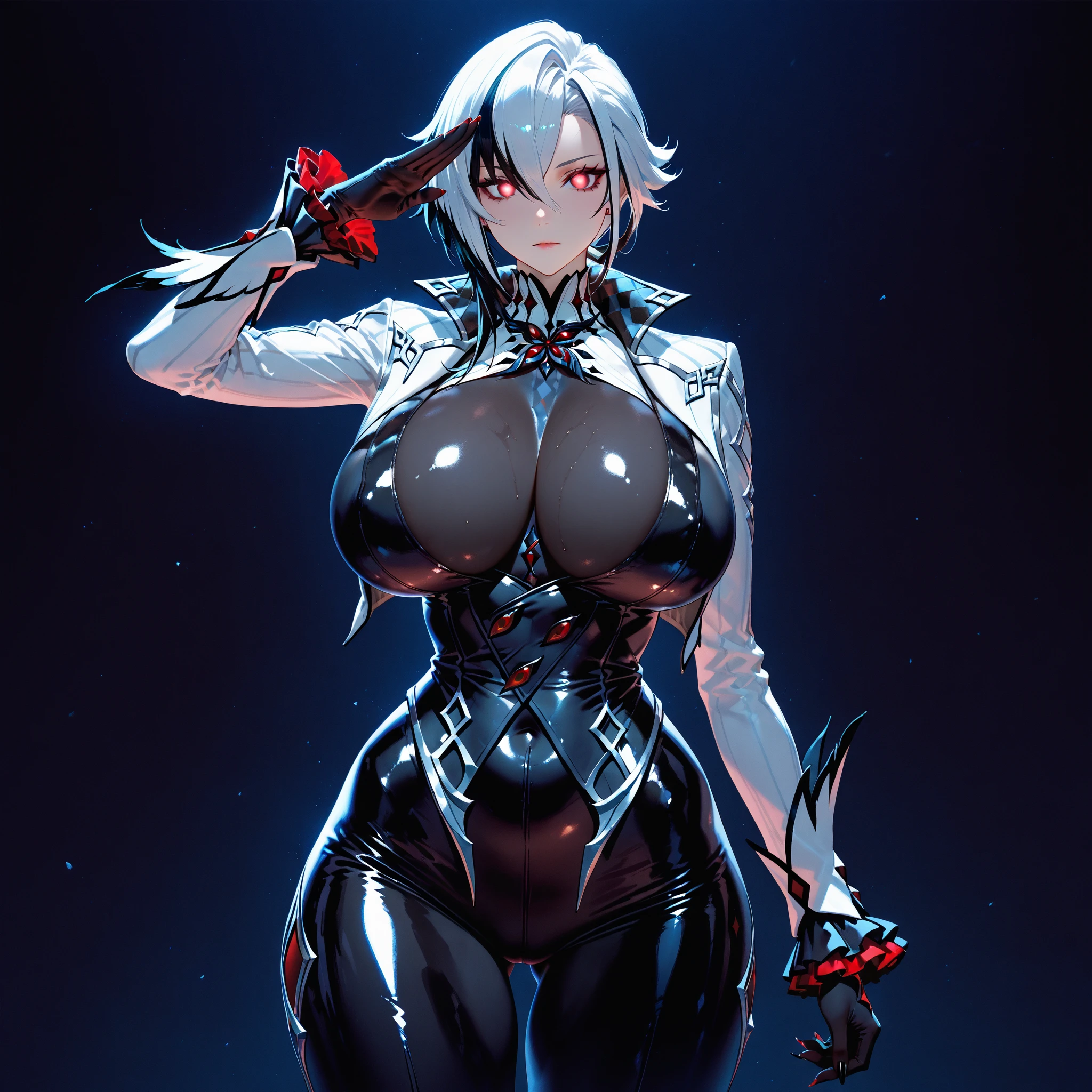 A female demon hunter with short silver hair, wearing tight black pants and high boots, with her upper body exposed, revealing her huge, firm breasts and big, firm, round butt, (best quality,4k,8k,highres,masterpiece:1.2),ultra-detailed,(realistic,photorealistic,photo-realistic:1.37),extremely detailed eyes and face,longeyelashes,highly detailed skin,sharp focus,physically-based rendering,vivid colors,dramatic lighting,dark fantasy,cinematic