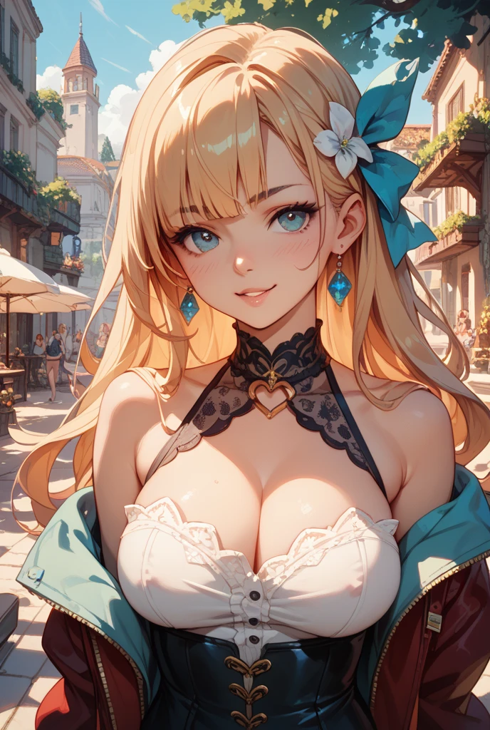 (highest quality, masterpiece:1.4), 1 girl, pure white lingerie, (G-string:1.0), blonde long hair, (high leg cut:1.2), red eyes, smile, (outdoors:1.1), (City of:1.2), emerald necklace, garnet earrings, (huge breasts:1.4), cute idol, more prism, Bright colors