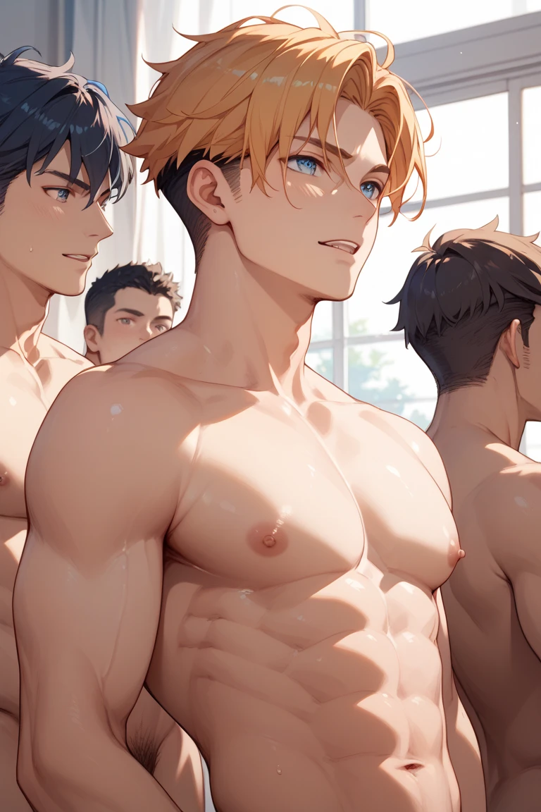 best quality, masterpiece, natural nudity, naked, nude, Anime screencap, group, arm around shoulder, intricate details, detailed hands, big body, manly, hairy, body paint, detailed hands, group, a naked male rugby team celebrate after a win, ashamed, celebration, group picture, busy picture, ((detailed penis, testicles)), happy, grin, steam, shower, wet, dumb stare, pervert stare,
