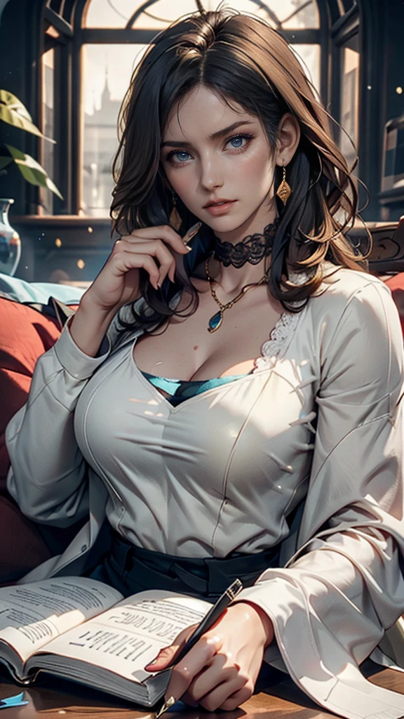 (8K, RAW photos, best quality, masterpiece:1.2), (realistic, photo-realistic:1.37)、26 year old Japanese woman、hair is gray、Eye color is dark blue、venus body、My chest sticks out、huge breasts, exploding breasts, Sagging breasts due to gravity, Wear accessories on your ankles. gag, Wearing a flowing see-through knit shirt、I can see my belly button、black stockings that reach to the knees, very old fashioned, soft skin, photometry, glowing skin, light skin, goddess,