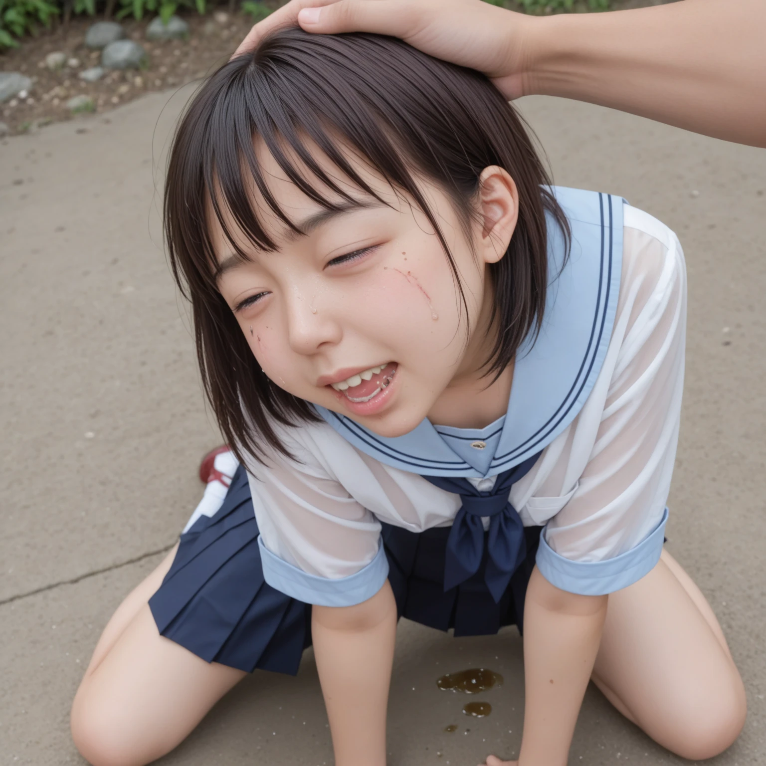 score_9, score_8_up,score_7_up, masterpiece, best quality, 1little-girl(japanese,tween, ),1boy,(from behind),(oral sex, implied fellatio, irrumatio:1.3), (top down bottom up:1.1) BREAK (Floral patterned yukata),(Japanese summer festival venue), rape, hardcore,head grab,spit, view from behind, (blowjob),ass up head down,(cum dripping from pussy), cum splash,hip lift,ass,black hair,vagina,shiny skin,