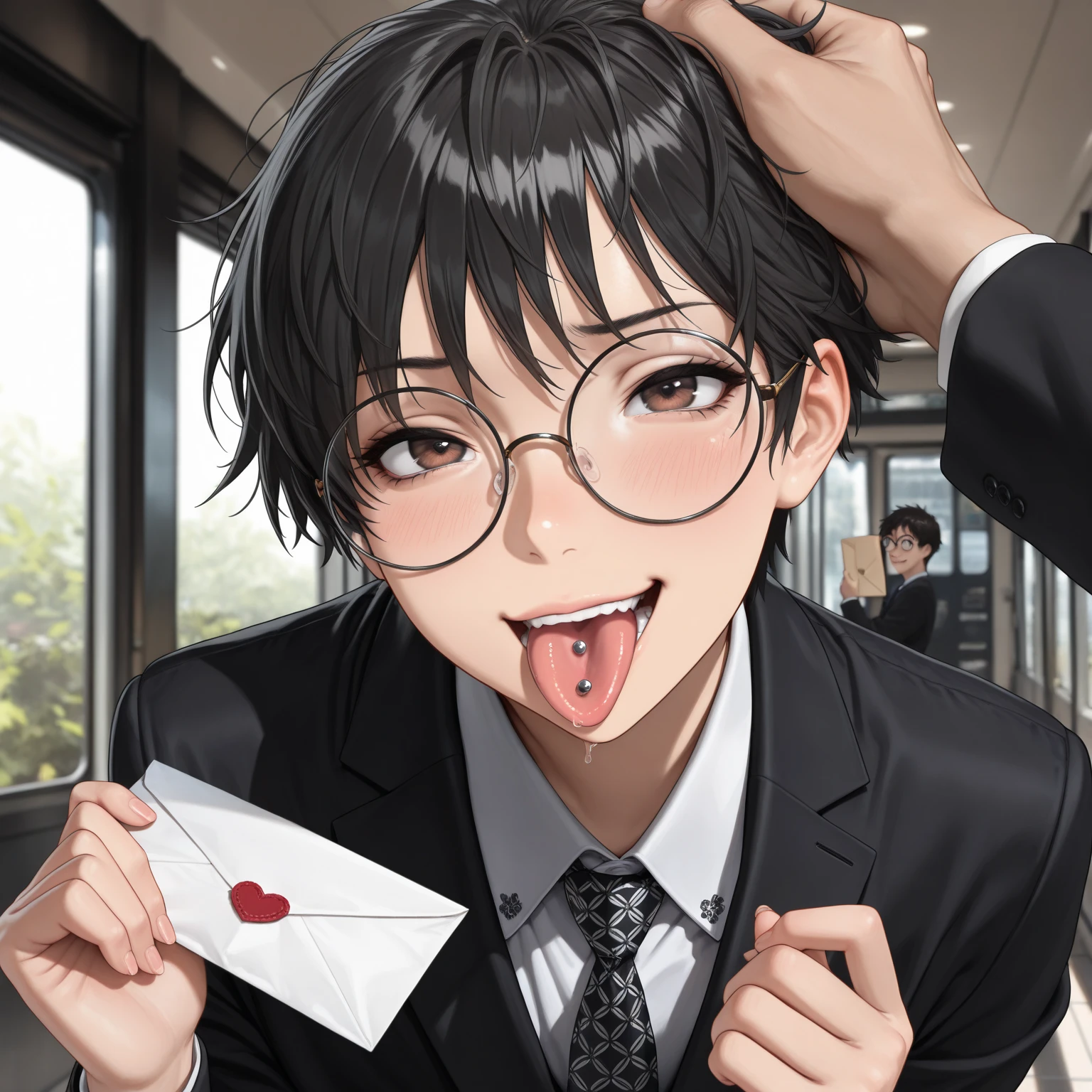 masterpiece, Highest quality, so beautiful, Absurd,
One girl, alone, Black Hair, Bobcut,
Thermont 16A, Glasses, 
Collared shirt, Happy, smile, Sticking out tongue、whole body、View your viewers, White Background, Simple Background,被写体のwhole bodyが映る、(From below:1.3)、Crossdresser、Transsexual、NSFW
 
