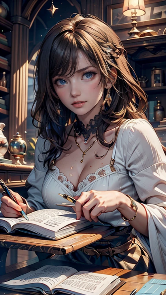 35 year old Lana del rey, emma watson, lana rhodes, wearing lace dress and detailed cat ears, working in a bookstore, busty, intricate ginger braided hair, innocent brown eyes, ((high detailed skin, skin details)), sharp focus, high quality, face focused, lana del rey face --auto --s2