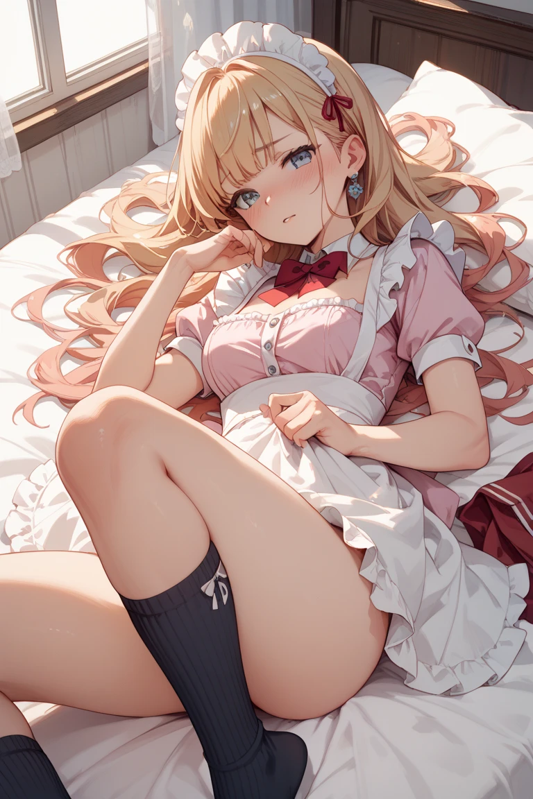 ((highest quality)), ((masterpiece)), ((Perfect Face))、((the skirt is rolled up))、((Showing panties))、((Revealing underwear))、Hearts in eyes、Pink Hair、Long Hair、Straight Hair、Braid、、orgasm、Flushed face、Sweaty all over、Ahegao、Maid clothes、Lying in bed、Close both eyes、Spread your legs