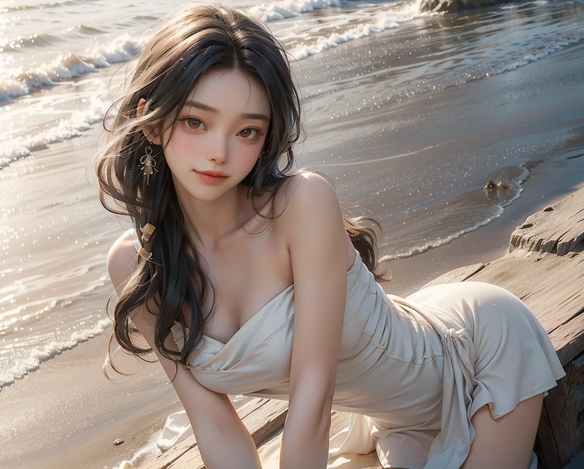 ((Girl lying on sandy beach))、(One Girl)、(absurderes、hight resolution、Ultra-detail)、Close-up of face、Face Enhancement、Face focus、diagonal、Depth of written boundary、One person's perspective、F/1.8、135mm、Canon、Full Body Shot、Wide-angle lens、(Golden White Long Hair Straight)、Shiny and beautiful hair、Beautiful Skin、Luscious Skin、(Beautiful big blue eyes),(Light blue shadow),With bangs、Off the shoulder、Eyes are highlighted、Unbroken hands、Delicate fingers、Rich lighting、Big voluptuous breasts、Pale pink lips、Soft lips、(Slightly open mouth)、High Definition CG8k Wallpapers、Featured Details、 Portrait、sight、solo、Fine face、 A little smile、 Gray Hair、 Silver Hair、 (blue sky、White clouds flowing)、 ((Pink Bikini))、