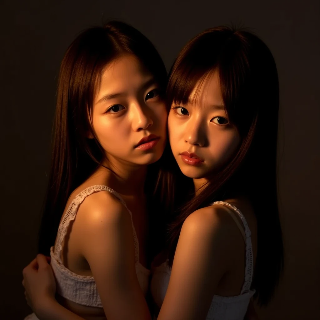 identical twin sisters kissing、highest quality, spectacular realistic, ((in the pitch black darkness :1.4)), ((portrait:1.5)),(background: dark ) high contrast ,great picture, lowest lux, lighting face, she is comfortable, not wearing anything, , looks incredible, (8k, RAWphotograph, highest quality),(spectacular realistic:1.5), woman, face,(fine eyes:0.8),(looking at camera:1.4), (highest quality), ( high contrast, deep shadow),intricate details,cinematic,((skin:1.4)), (long dark hair:1.3), long hair, Messy ,(HDR:1.5),be familiar with, color, excellent quality, masterpiece, RAWphotograph (20-year-old, looking at the viewer), beautiful, (wearing a plain shirt,), perfection, nature, perfection composition, portrait, perfection face, 笑face expression, enchanting eyes, bright details, tight lips, (high skin detail),, (bluish: 0.6), (sale: 0.8), (Bloodstained: 0.7), key lighting , (Backlight: 0.5), medium depth of field, canon 5d, 50mm lens, f/4 apertures, (super detailed, intricate details), sharp focus, soft color, 8k, absurd, 80mm, dark background, photograph, 笑face, pinay, Filipino, Moderate ,