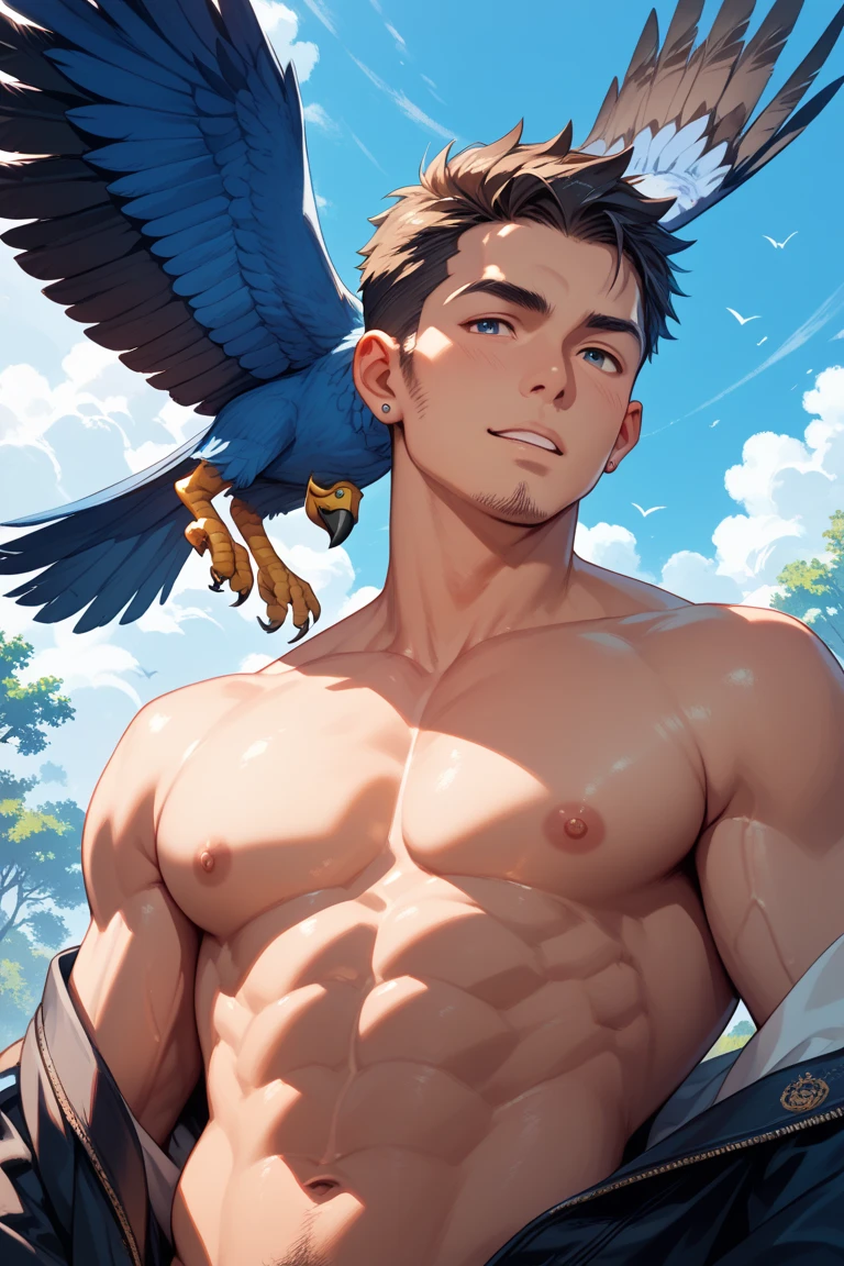 NSFW, Clear background、Stephen AMELL, A handsome tall man standing,He is 40 years old, mature hunk man ,Thin waist,The pectoral muscles are developed, He is 175cm tall,Weight 72 kg、blue-green eyes,dark blond hair color、short hair, facial hair、((((TOTALLY NAKED ))))、a white transparent Sheet cover his erected cock、looking into camera,Smile,Lots of falling feathers,,White feathers are floating everywhere, white birds flying around him