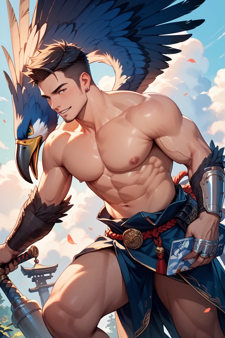 Dark brown hair, male, Red Eyes, Serious expression, Monster Hunter Style, Holding a sword, ruffian, High Detail