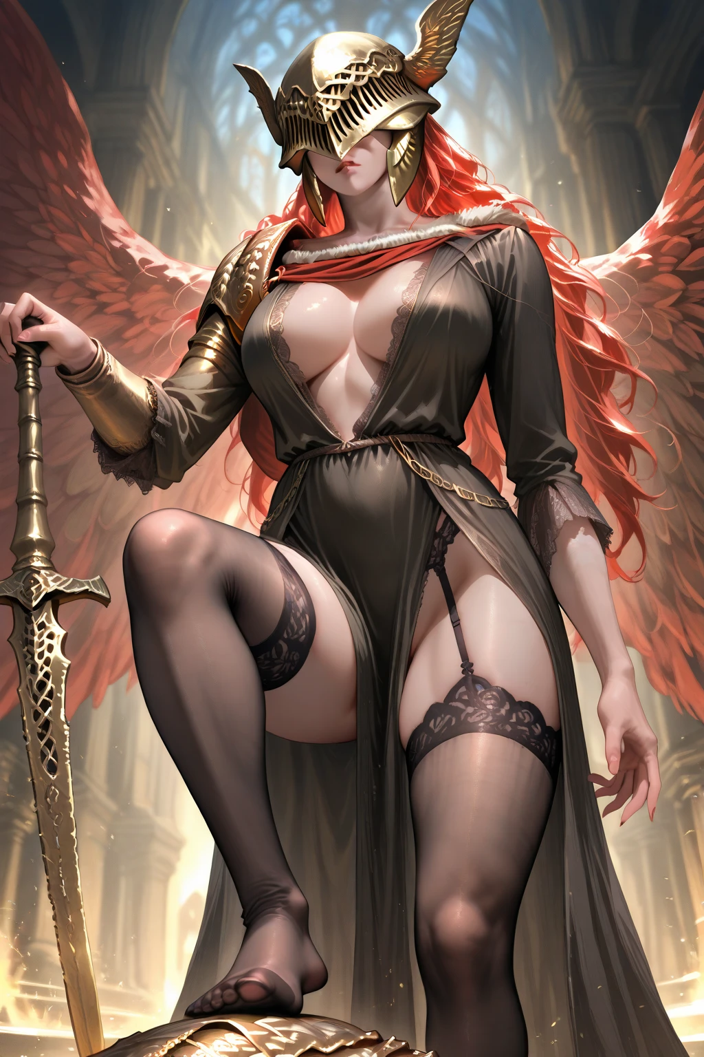 Tall woman, long red hair, perfect body, large breast,black dress, helmet, wings, renaissance painting