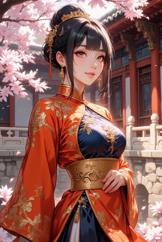 (masterpiece:1.2), (best quality:1.2), perfect eyes, perfect face, volumetric lighting, 1girl, mature female concubine wearing edghanfu, edghanfu, red hair, traditional chinese hairdo, colorful clothes, smiling, green eyes, small breasts, cleavage, floral pattern, dragon pattern, silk, embroideries, long nails, makeup, thick eyelashes, standing in a chinese garden, detailed background <lora:hanfusionDesign_v10:1>