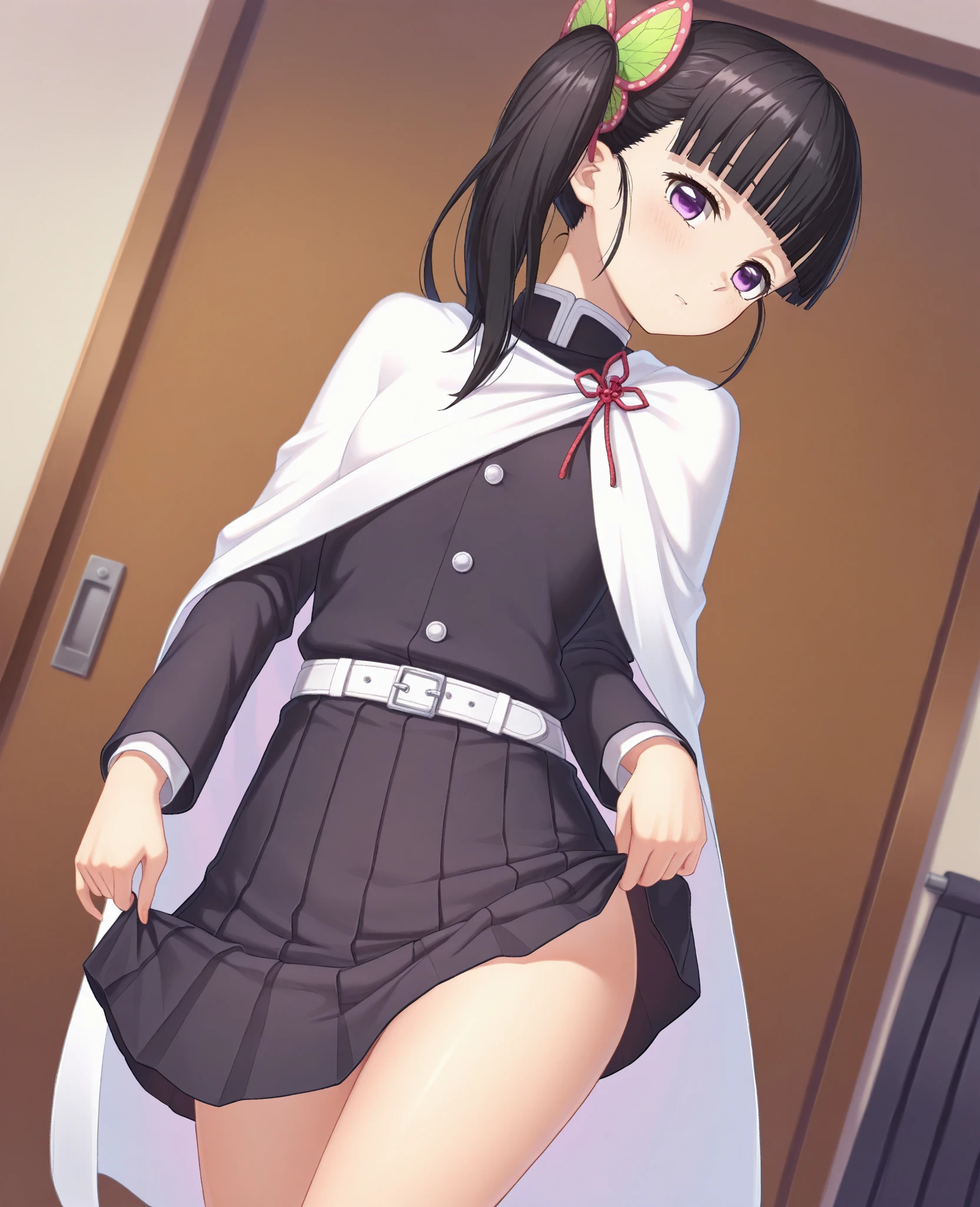 Kanaotsu Yuri, Kanao Tsuyuri, Black hair, butterfly, butterfly hair ornament, (Purple eyes:1.1), Side Ponytail, Ponytail,
Blake Black Skirt, Cape, demon slayer uniform, Long sleeves, Pleated skirt, Skirt, white cape,
BREAK looking at viewer,
Break indoors, crass room,
BREAK (masutepiece:1.2), Best Quality, High resolution, Unity 8k壁纸, (Illustration:0.8), (Beautiful detailed eyes:1.6), extra detailed face, Perfect Lighting, extremely details CG, (Perfect hands, Perfect Anatomy),skirt lift, white embroidery panties,