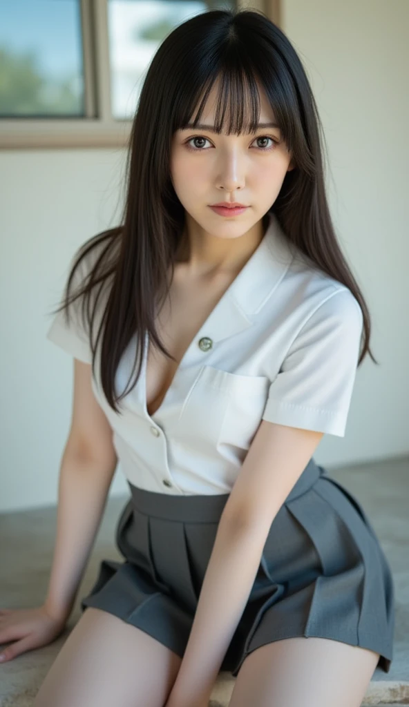 ((Nipples visible through white shirt)), 1 girl, skirt_lifted, No panties, Female public hair,, NSFW, (Nude:1.3),, see-through, blue_eyes, blue_necktie, blue_skirt, (without bra), bra_visible_through_clothes, breasts, brown_hair, clothes_lift, cowboy_shot, lifted_by_self, lips, long_hair, looking_at_viewer, medium_breasts, smile, solo, wet, wet_clothes, wet_hair, wet_shirt, white_shirt, wringing_clothes, classroom, ( Urzan-6500-v1.1: 1),