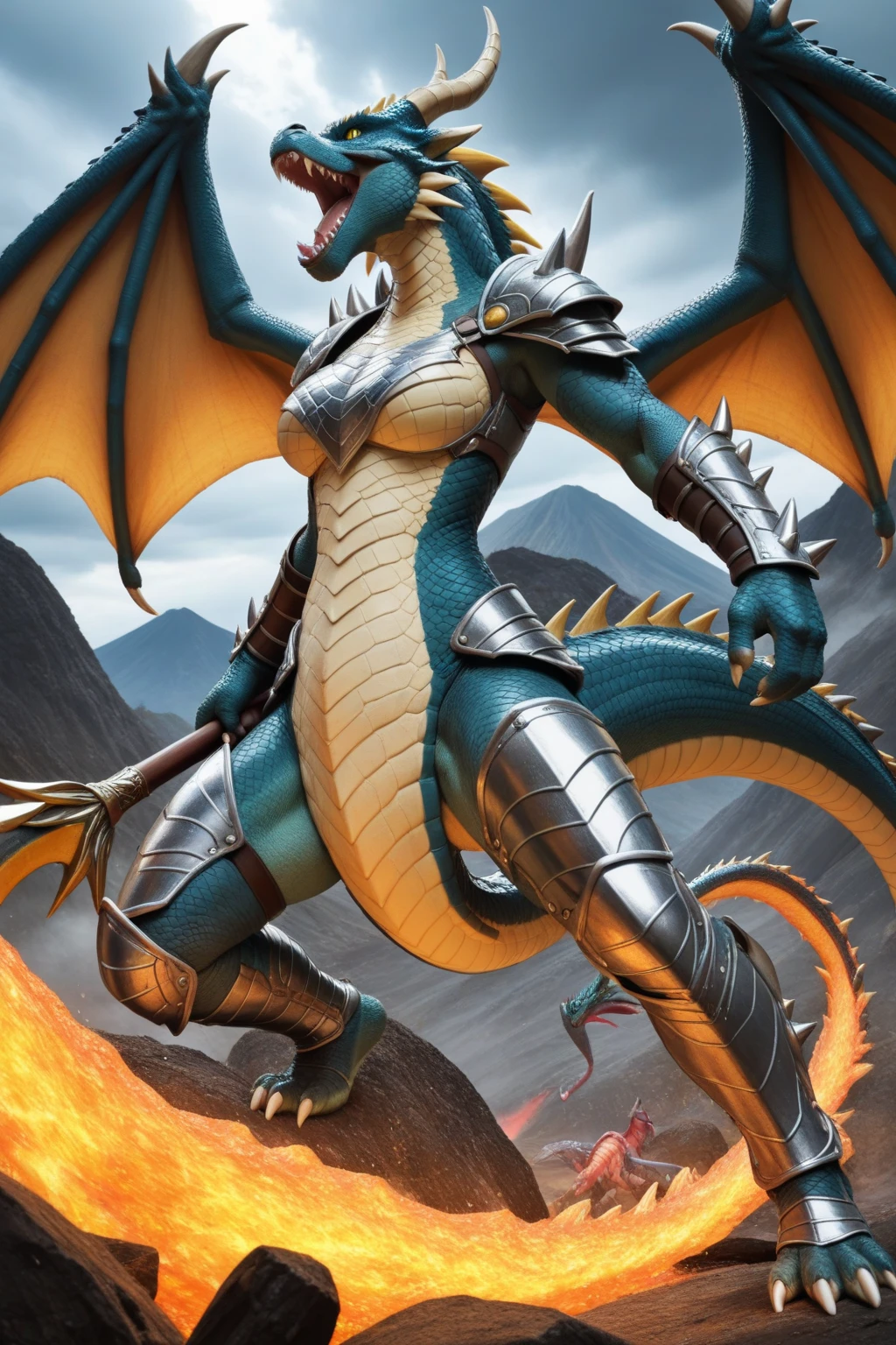 Anthropomorphic, furry, scaly, woman monster hybrid, dragon, serpent, wyvern, high cut leotard with black and gold colored lace, high leg leotard, muscular body, busty, long red hair, fierce, sexy, beautiful, hourglass body, thicc, sexy hips, black scales, long neck, reptile, horns, fins, tail coming out of the spine, spikes, strong, powerful, sharp teeth, saber fangs, loving, beastly, slit pupils, confident, monstrous, hair, claws, fit body, wings, sensual, loving wife, gold necklass, talon feet, regal looking, queen, primal, full wing span, standing, proud, lovely, majestic, goddess, no arms only wings, flying in the sky, in the mountains,