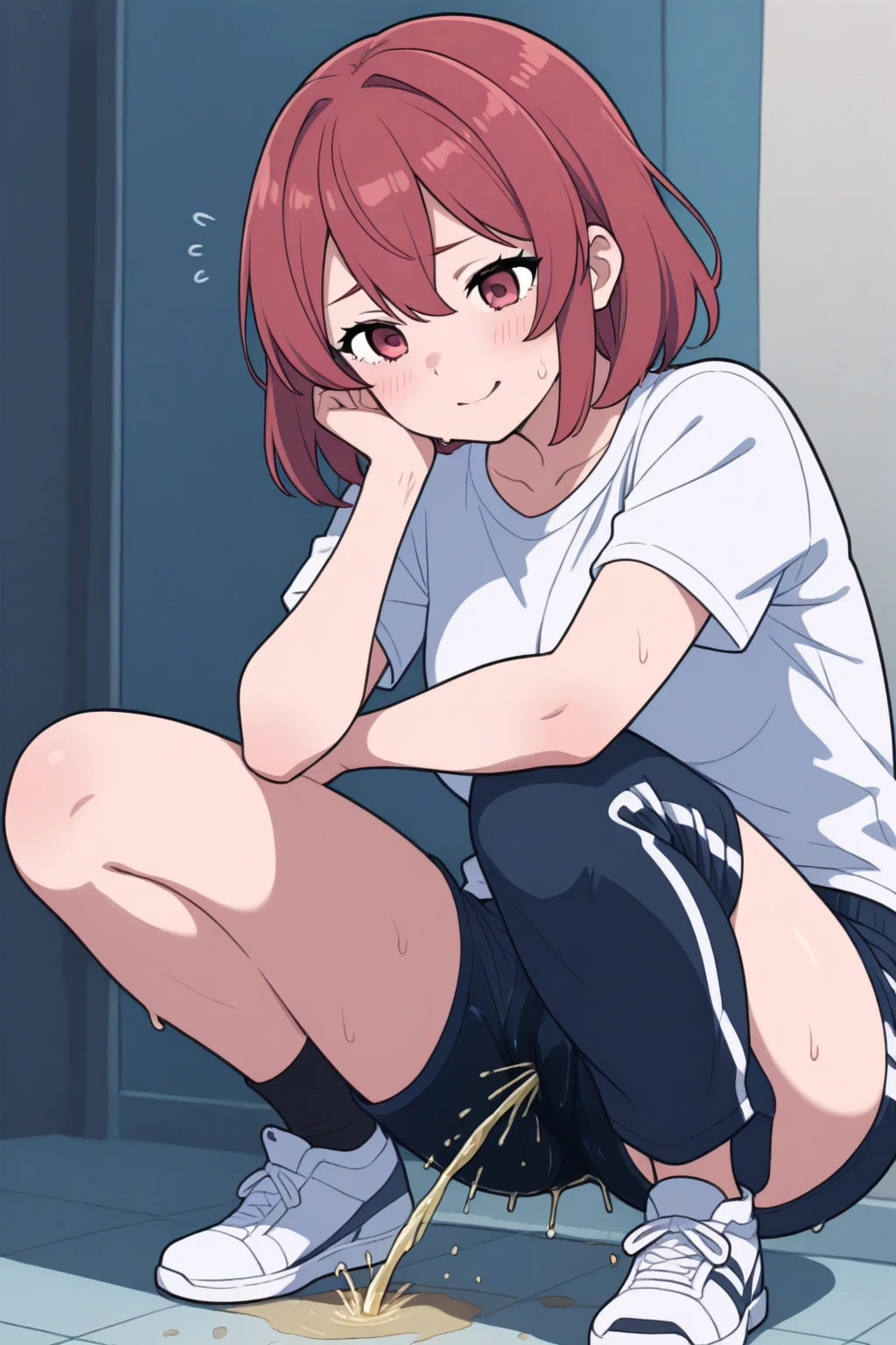 top-quality、hight resolution、女の子 1 人、、medium-hair、ponytail, sports bra、unintrested look on his face, flat cheast, couch, ((masturbating)), pussy, no pants, spreading legs, snack, watching tv, basic apartment
