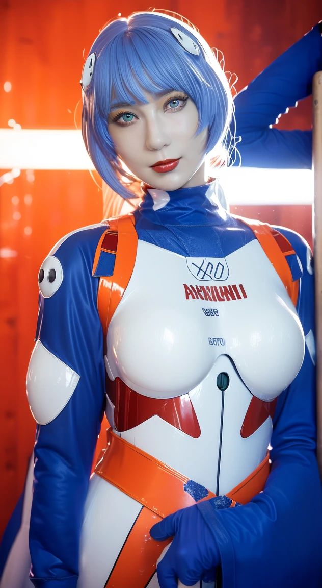 (masterpiece), (best quality), (red eyes), (epiCRealLife), (red lipstick), (j4nu4ryj0n3s) (young woman), (European Model), (Plugsuit), (ayanami_rei plugsuit), interface headset, white bodysuit),(white gloves) (red eyes), (blue hair), (medium breasts),(flash photography), (natural lights), (ample lights),( light smile), (pose for picture), (white gloves), (light smile),  (in a spaceship bedroom), (from side), (lying on back), (lying on the bed), 