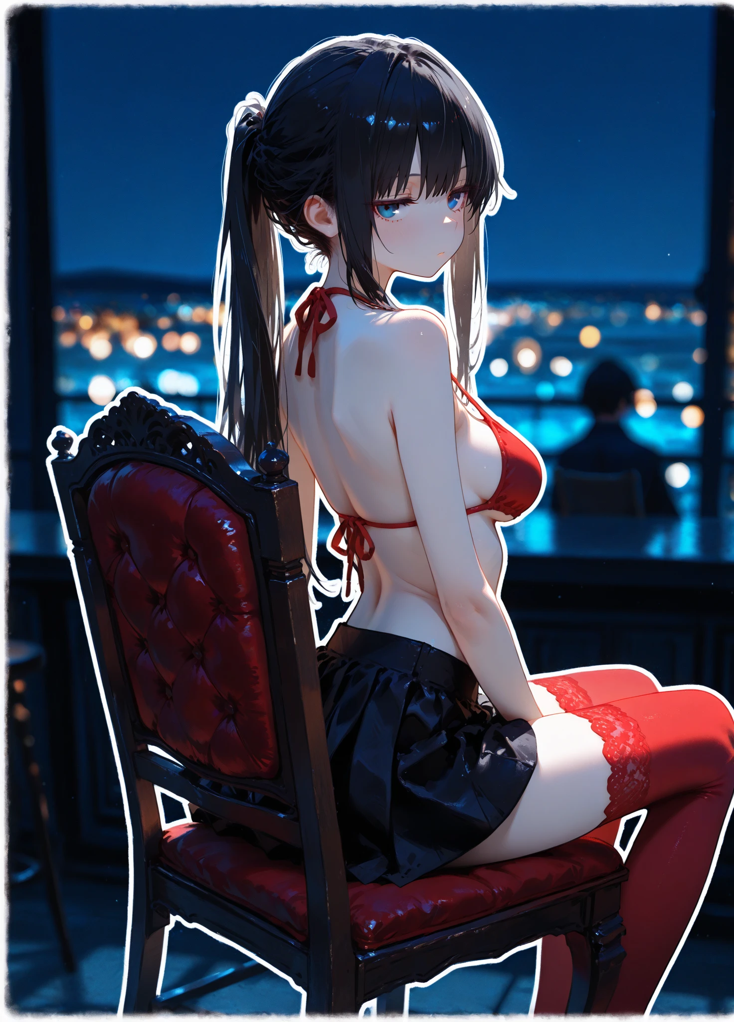 1girl, red eyes, red twin tail hair, leaning on balcony, staring at city scenery, wearing black bikini
