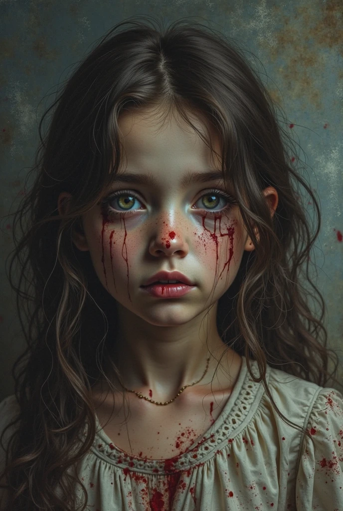 1girl, cute Nordic little girl, nine years old, dog collar on neck, crying face, contoured chest, , matte black detail, K original photo, best quality, masterpiece, super high resolution, natural skin texture, realistic eye and face details, realistic, looking at the audience, abandoned basement, crying, blood splatter, photos.  