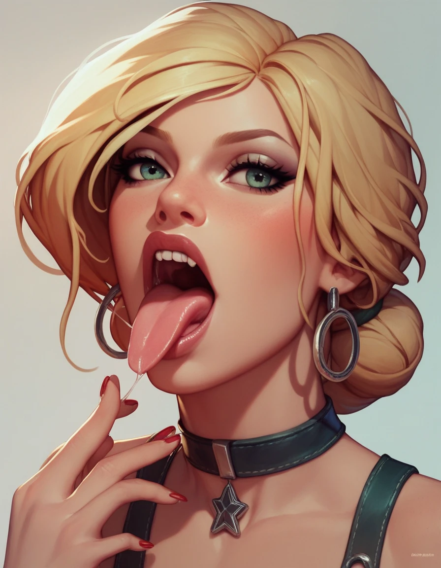 The character in the image has a very distinctive and provocative appearance. She has blonde hair tied into a high ponytail, and her thin, expressive eyebrows highlight her amber eyes, which are half-closed in a sassy look. His skin is fair and covered in sweat, suggesting heat or physical exertion. She wears a black visor or cap with "DEATH BITCH" written in white letters, which complements her bold style. A golden necklace with a large "B" shaped pendant rests on her neck, almost touching her prominent bust, which is partially exposed by the open white shirt. The shirt is tied loosely, revealing a lot of skin, with the top button open and a black top, which suggests a casual and seductive look. His left arm is partially covered in a tribal-style tattoo, adding an element of rebellion to his appearance. She also wears a fingerless glove on her right hand, which holds a pink condom in her mouth, adding a provocative touch to the scene. The expression on the character's face, along with her gesture, suggests a confident and uninhibited attitude. The posture leaning forward, with one hand on the head and the other holding the condom, in addition to the position of the body, reinforces the tone of self-sufficiency and challenge. Overall, the character exudes an aura of confidence, sensuality and a bit of rebellion.