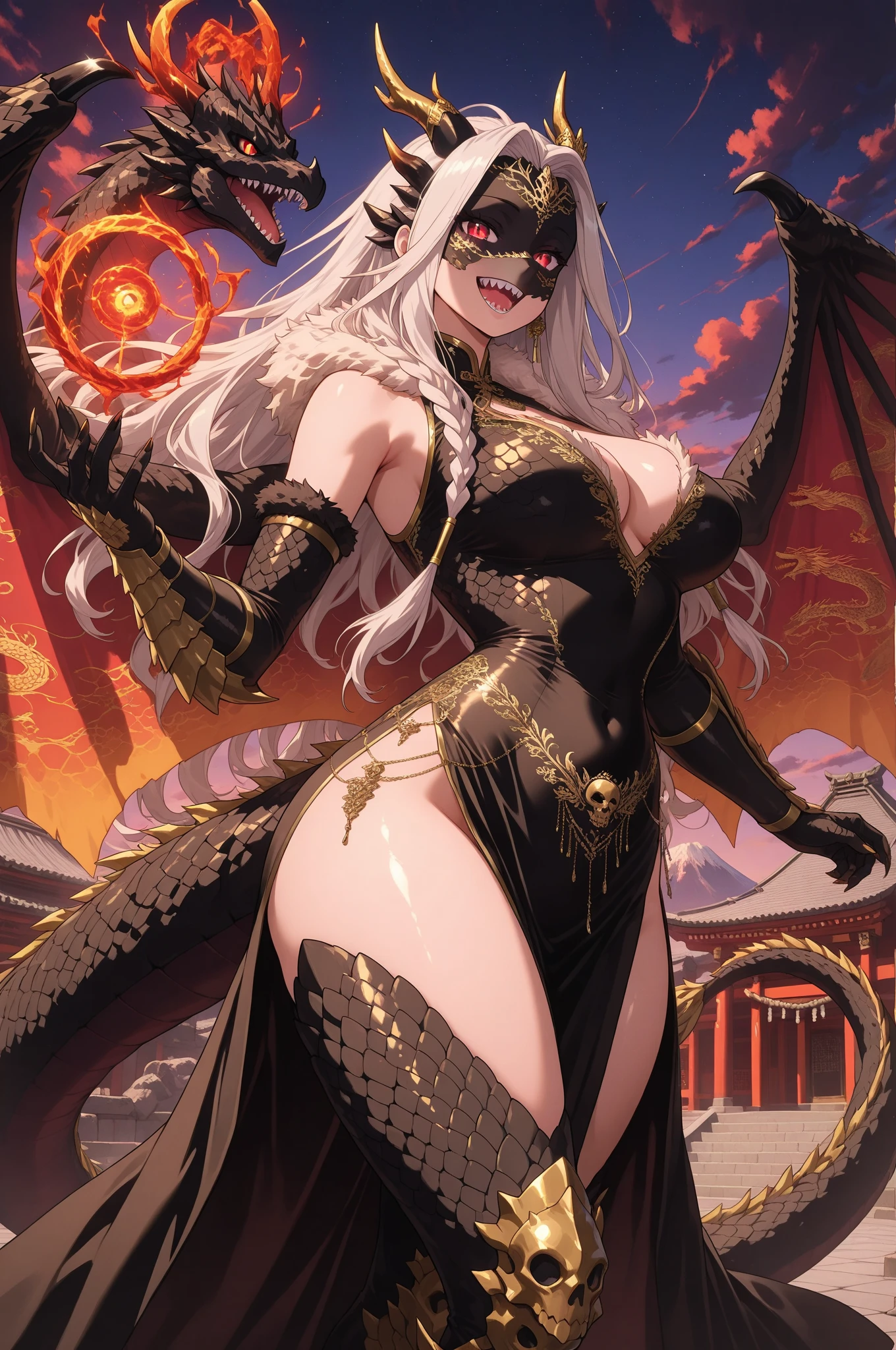 (Cool red demon.Well-proportioned face.Dark brown skin.tall.A very muscular, thin body.Well-defined, beautiful six-pack abs.Sharp, large eyes.White Hair.Boyish long hair with a center part.I can see your forehead.Beautiful blue eyes.Deep red, intense eye makeup.Dark lipstick.Narrow waist.Very large breasts.Very large breastsの谷間.Beautiful light pink areola.Skin is radiant).(A see-through yellow tiger print micro bikini with little fabric.Nipples out.There are lots of piercings.stockings.A white and red horn grows from its forehead.).(1 Beauty.Futuristic City.I have a gold rod.Smiling thinly.The eyes are narrowed)Perfect Face.Accurate human body.Accurate five fingers.High resolution.It's dynamic.Whole body image