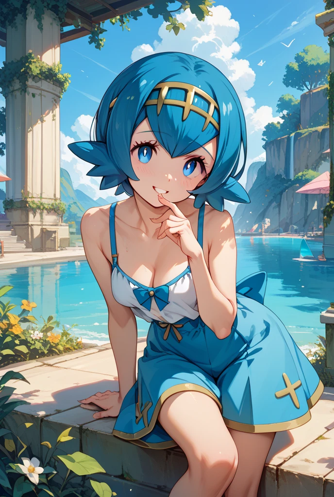 whole body,smile,Big Breasts, (((masterpiece))), (((最high quality))), ((8k)), (Advanced Details), (high quality), (High resolution), Sexy pose,Lana/pokemon,Blue Hair,Shortcuts,Golden hair ornament,Tiny swimsuit,Groin,Heart on chest,