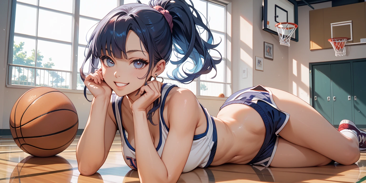 woman with dark blue hair, aerobics, small breasts
